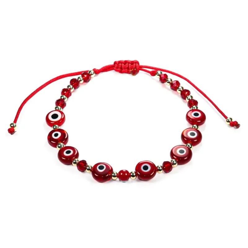 Pulsera de hilo con cristales rojos y ojitos turcos